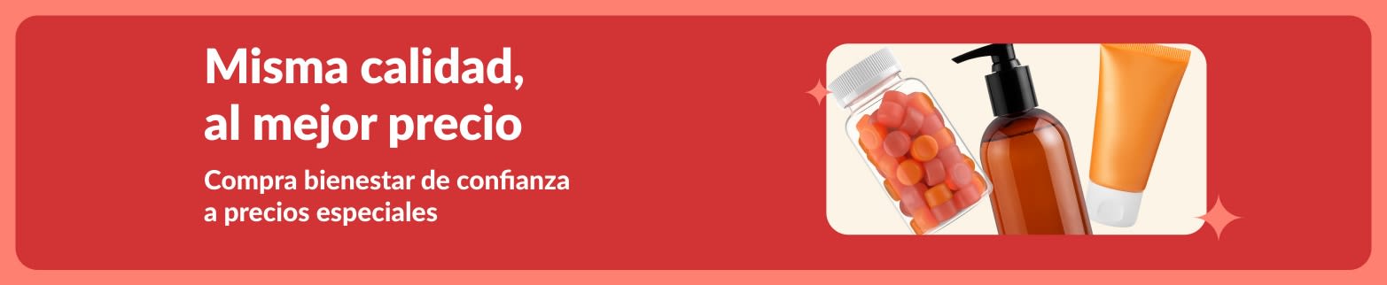 Banner promocional de bienestar: Muestra una selección de suplementos nutricionales y productos de cuidado personal sobre un fondo limpio. El texto destaca 'Misma calidad, al mejor precio' con una invitación a comprar productos de bienestar confiables a precios especiales.