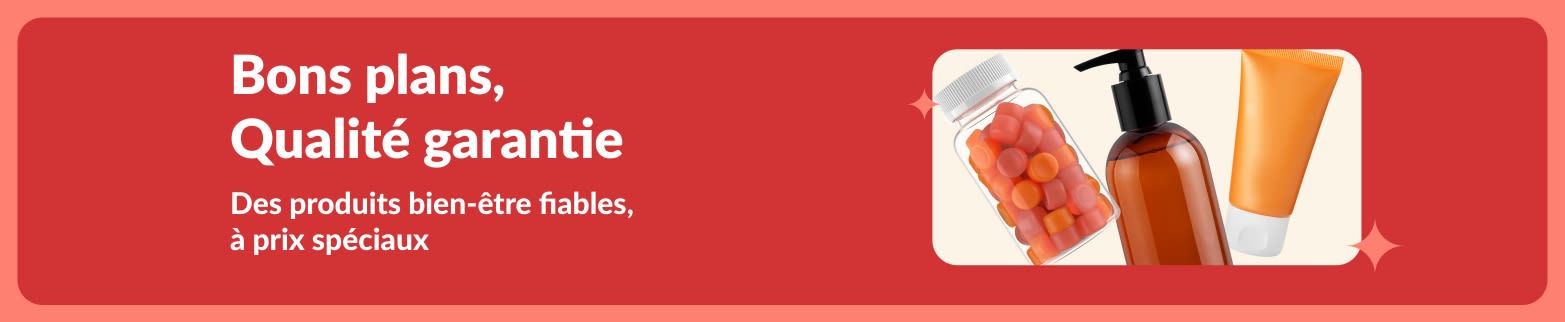 Bannière promotionnelle mettant en avant les produits bien-être à des prix spéciaux, et montrant des compléments et soins beauté. 
