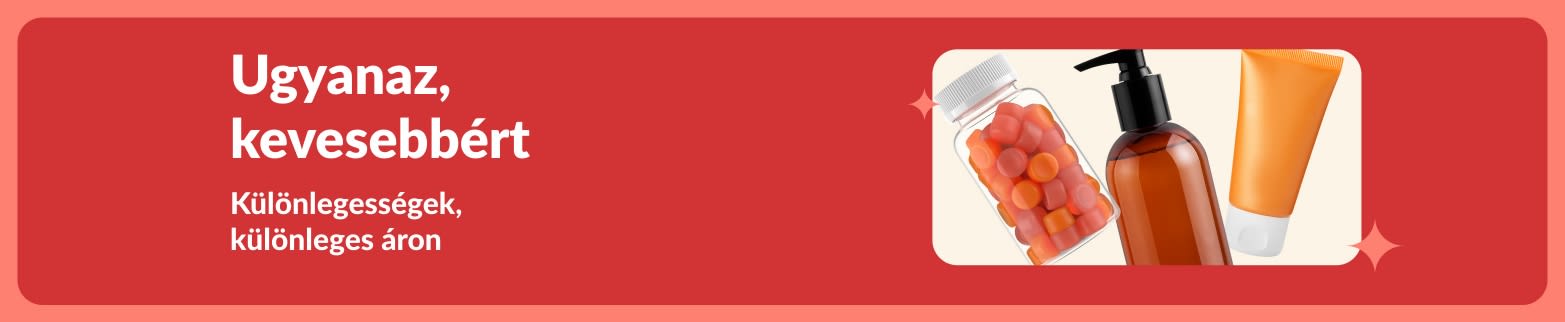 Promóciós banner, amely az akciós wellness termékek kiemelkedő ár-érték arányát emeli ki, étrend-kiegészítőket és szépségápolási termékeket ábrázolva.