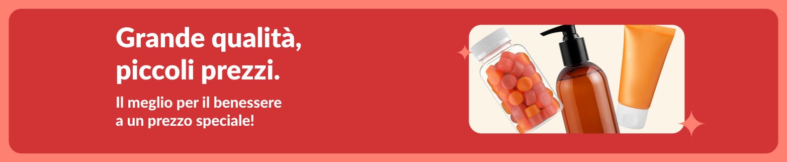 Banner promozionale che promuove prodotti per il benessere con il miglior rapporto qualità/prezzo. L'immagine mostra integratori e prodotti per la cura personale.