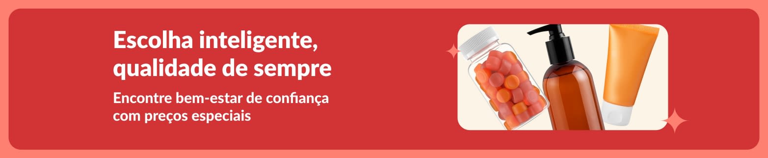 Banner promocional com produtos de bem-estar a preços especiais, como suplementos e itens de cuidados com a beleza.