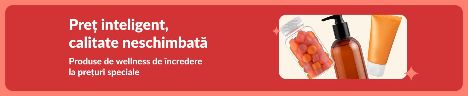 Banner promoțional cu produse de wellness, suplimente și produse de frumusețe la prețuri speciale.