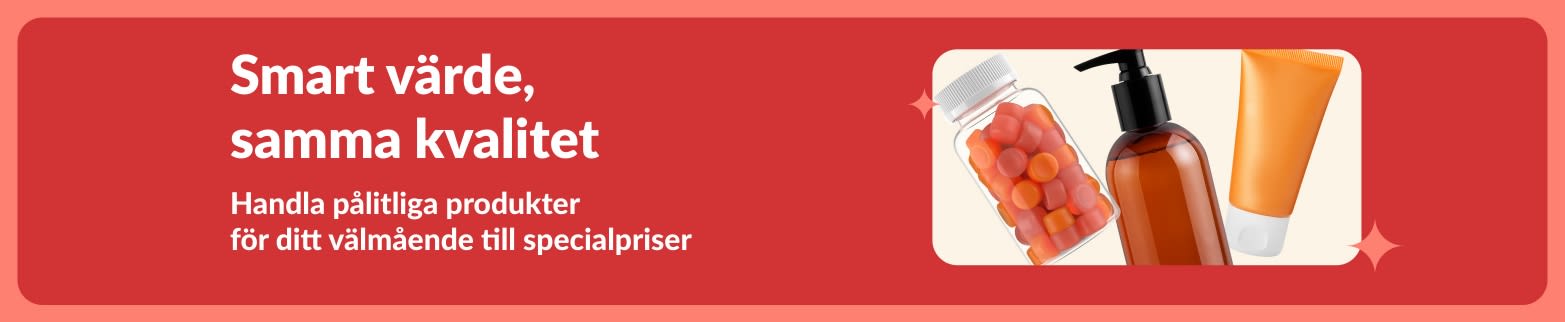 Reklambanner som lyfter fram prisvärda hälsoprodukter till specialpriser, med kosttillskott och skönhetsprodukter.