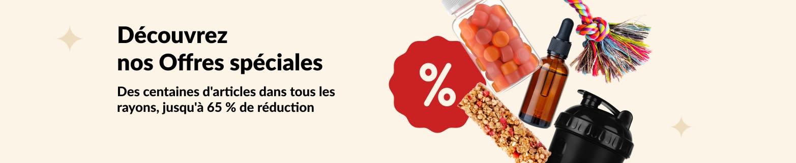 Bannière promotionnelle iHerb présentant des compléments alimentaires, des en-cas, des shakers et des jouets pour animaux de compagnie avec des réductions allant jusqu'à 65 %.