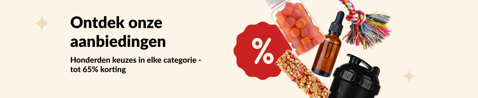iHerb-specialsbanner met supplementen, snacks, shakerfles en huisdierenspeeltjes met kortingen tot wel 65%.