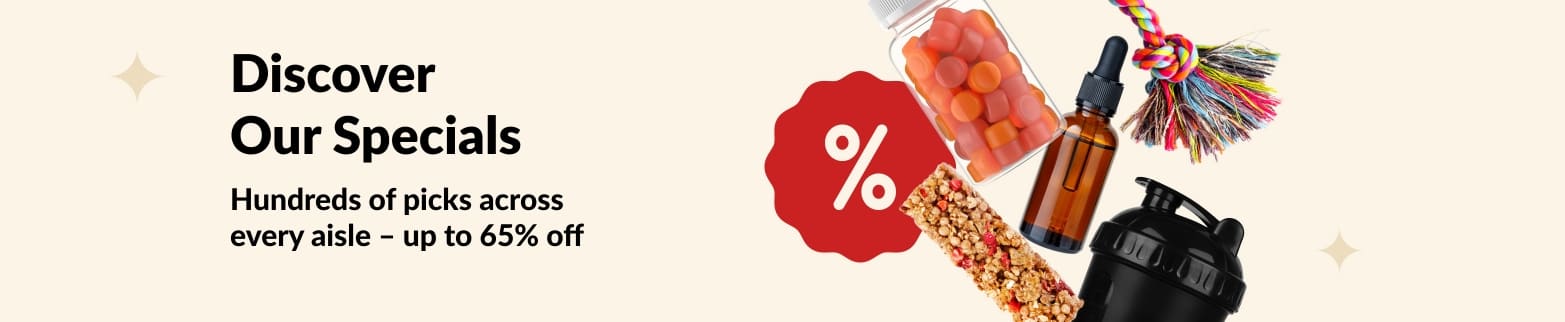 iHerb sale offers banner showing supplements, snacks, shaker bottle and pet toy with up to 65% off deals.