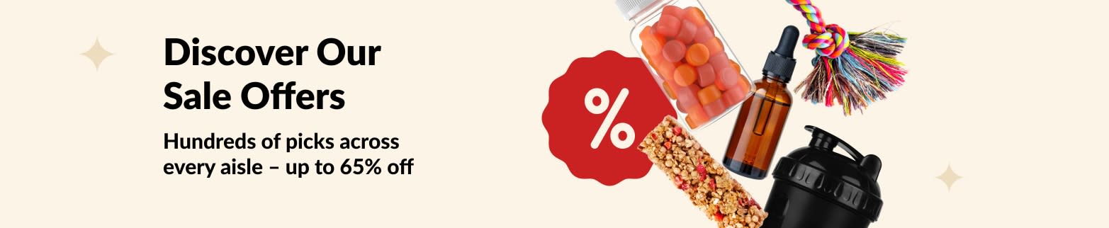 iHerb sale offers banner showing supplements, snacks, shaker bottle and pet toy with up to 65% off deals.