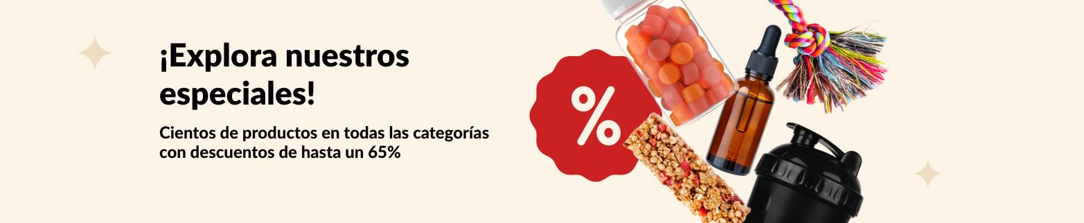 Banner de ofertas de iHerb con suplementos, snacks, botella mezcladora y juguete para mascotas con descuentos de hasta un 65%.