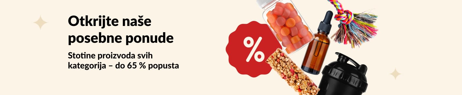 iHerb banner s posebnim ponudama koji prikazuje dodatke prehrani, grickalice, bočice za miješanje i igračke za kućne ljubimce s popustom do 65 %.