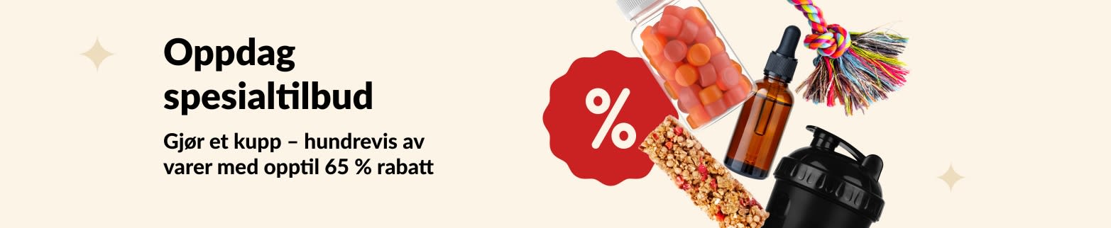 Banner for iHerb-spesialtilbud som viser kosttilskudd, snacks, shakerflaske og leketøy til kjæledyr med opptil 65 % rabatt.