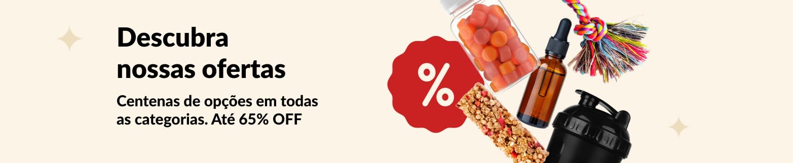 Banner de ofertas da iHerb mostrando suplementos, lanches, squeeze e brinquedo para pet, com descontos de até 65%.