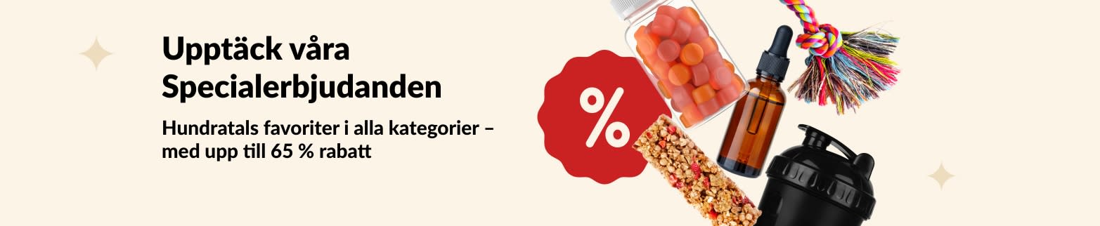 iHerb-Specialerbjudandenbanner som visar kosttillskott, snacks, shakerflaska och hundleksak med upp till 65 % rabatt.