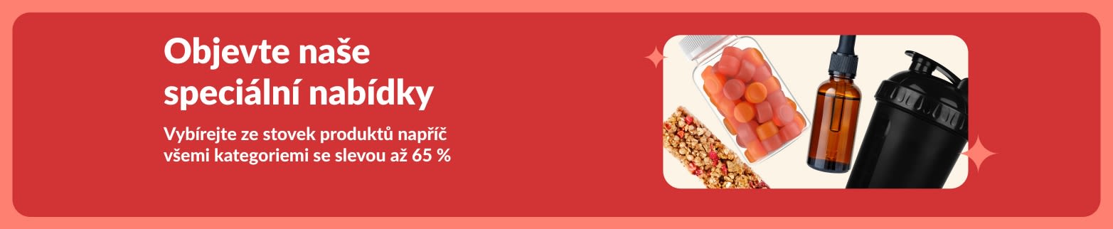 Banner iHerb pro speciální nabídky zobrazující doplňky stravy, pochutiny, šejkr a hračku pro psa se slevou až 65 %.