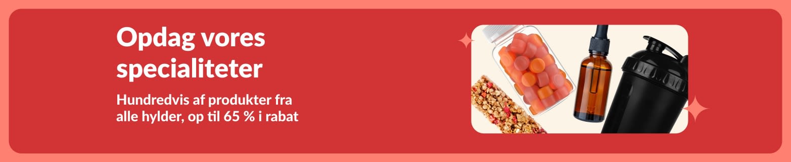 iHerb-tilbudsbanner, der viser kosttilskud, snacks, shakerflasker og legetøj til kæledyr med op til 65 % rabat.