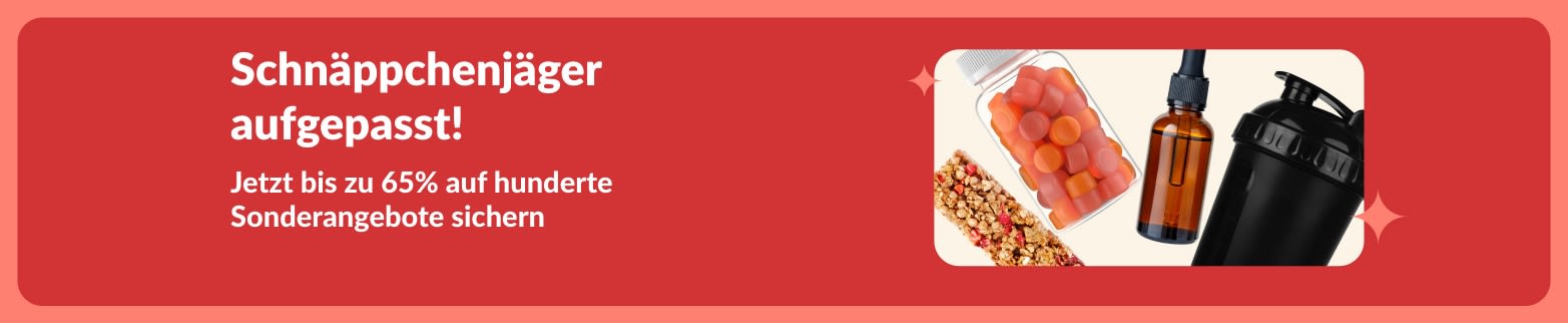 Banner mit Sonderangeboten bei, u.a. Nahrungsergänzungsmittel, Snacks, Shaker und Spielzeug für Haustiere mit bis zu 65% Rabatt