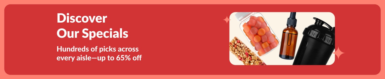 iHerb specials banner showing supplements, snacks, shaker bottle, and pet toy with up to 65% off deals.