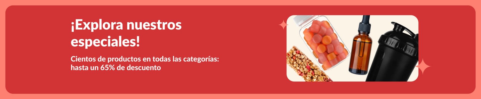 Banner de ofertas de iHerb con suplementos, snacks, botella mezcladora y juguete para mascotas con descuentos de hasta un 65%.