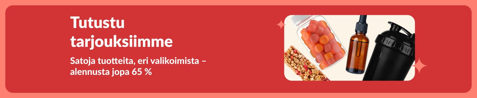 iHerb-erikoistarjoukset, jossa on ravintolisiä, välipaloja, shaker-pullo ja lemmikkieläinten lelu jopa 65 %:n alennuksella.