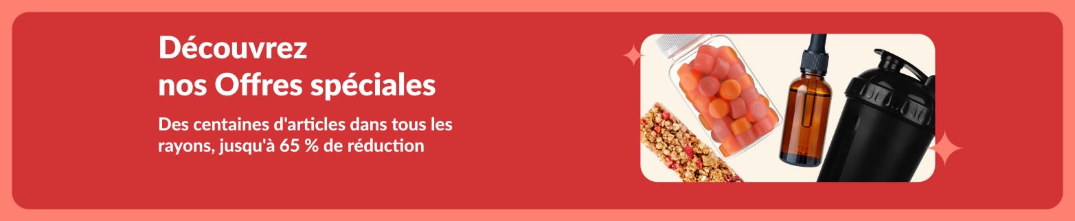 Bannière promotionnelle iHerb présentant des compléments alimentaires, des en-cas, des shakers et des jouets pour animaux de compagnie avec des réductions allant jusqu'à 65 %.