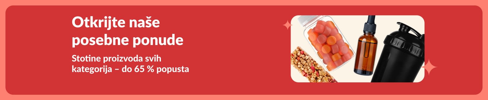 iHerb banner s posebnim ponudama koji prikazuje dodatke prehrani, grickalice, bočice za miješanje i igračke za kućne ljubimce s popustom do 65 %.