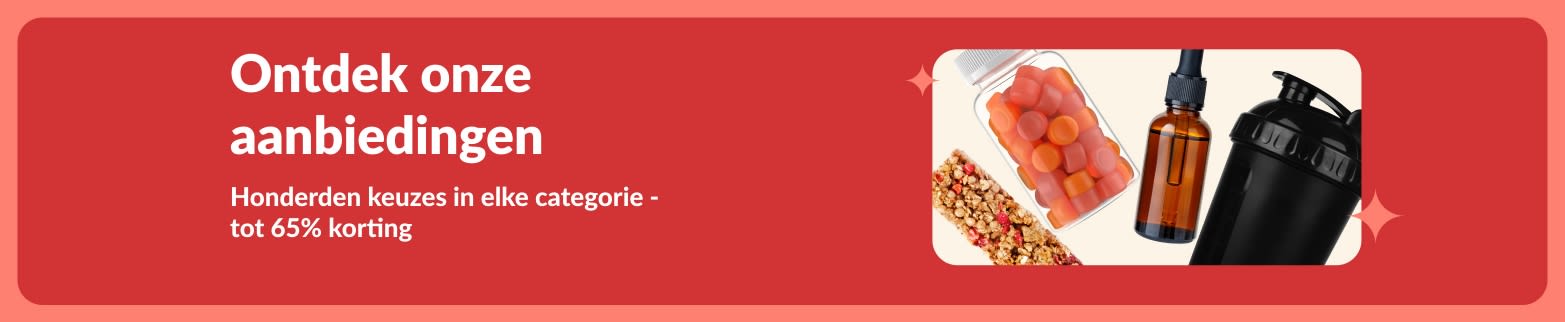 iHerb-specialsbanner met supplementen, snacks, shakerfles en huisdierenspeeltjes met kortingen tot wel 65%.