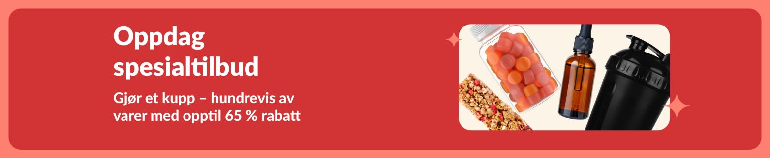 Banner for iHerb-spesialtilbud som viser kosttilskudd, snacks, shakerflaske og leketøy til kjæledyr med opptil 65 % rabatt.