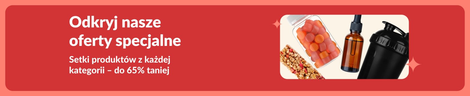 Baner iHerb z suplementami, przekąskami, shakerem i zabawką dla zwierząt – zniżki do 65%.