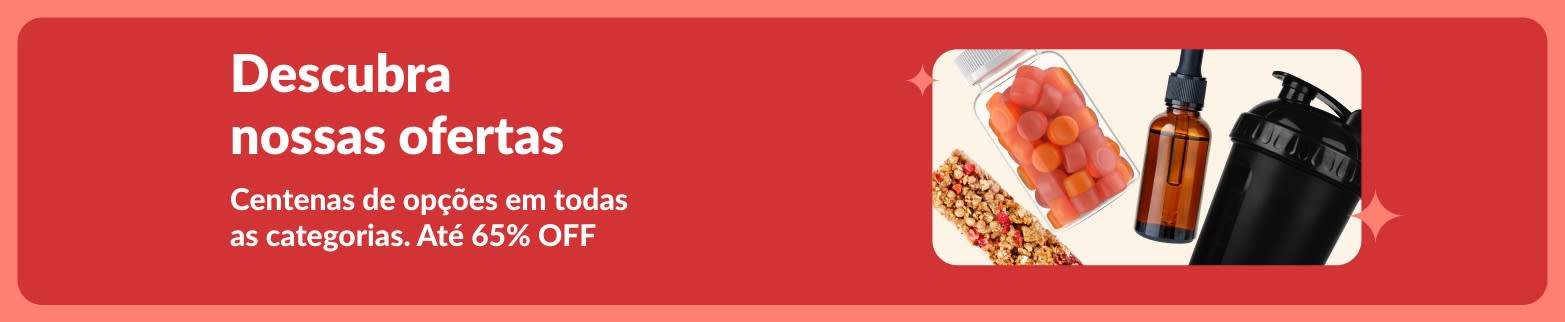 Banner de ofertas da iHerb mostrando suplementos, lanches, squeeze e brinquedo para pet, com descontos de até 65%.