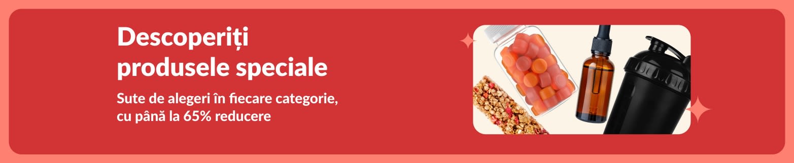 Banner cu produse speciale iHerb cu suplimente, gustări, shakere și jucării pentru animale cu până la 65% reducere.