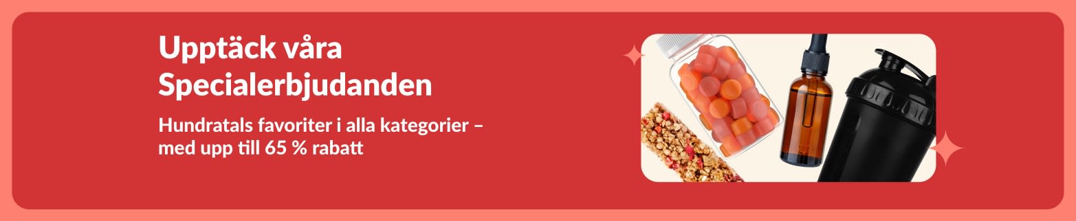 iHerb-Specialerbjudandenbanner som visar kosttillskott, snacks, shakerflaska och hundleksak med upp till 65 % rabatt.