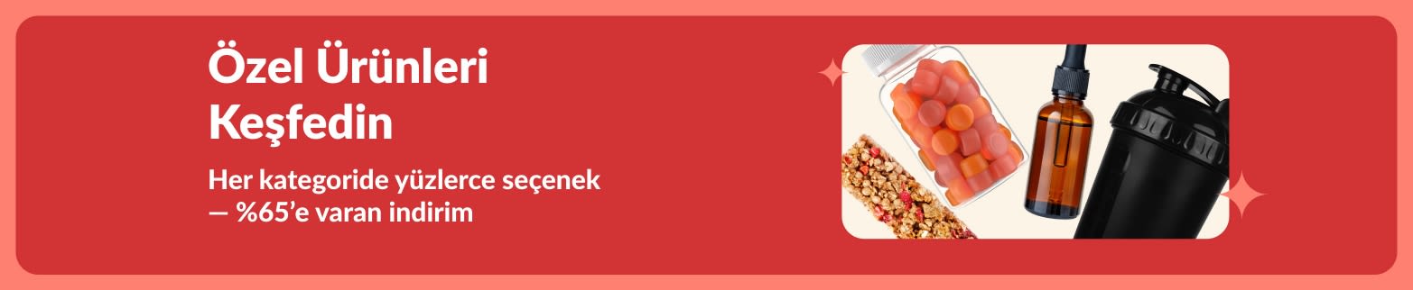 iHerb fırsat bannerı: Takviyeler, atıştırmalıklar, shaker şişe ve evcil hayvan oyuncağı ile %65’e varan indirimler.