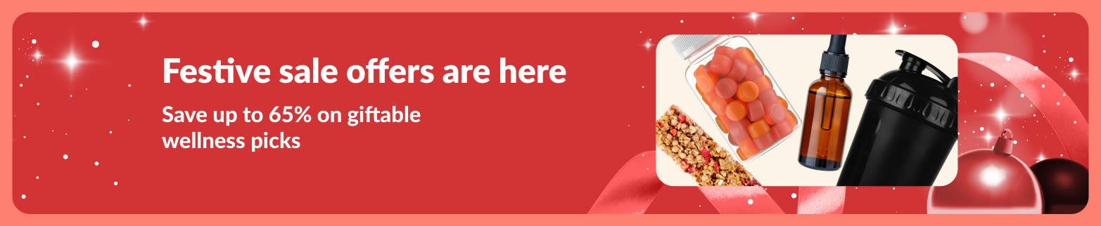 iHerb festive sale offers banner promoting up to 65% off giftable wellness items.