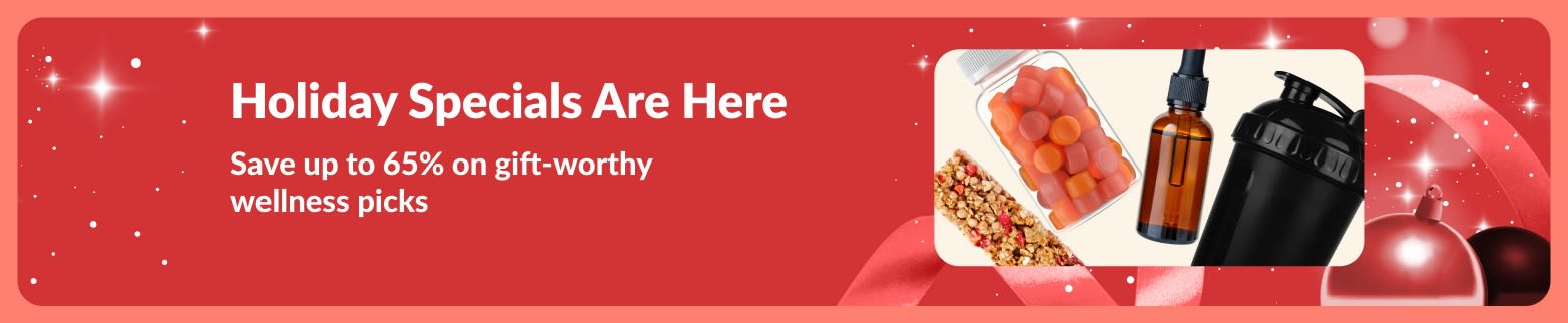 iHerb Holiday Specials banner promoting up to 65% off gift-worthy wellness items.