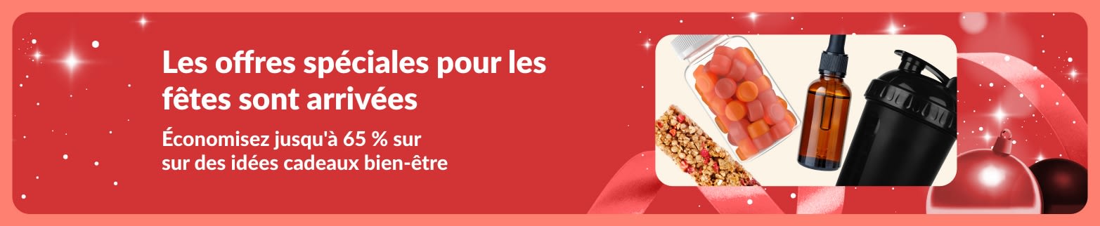Bannière promotionnelle offres spéciales iHerb pour les fêtes offrant jusqu'à 65 % de réduction sur des articles de bien-être qui font de superbes cadeaux.