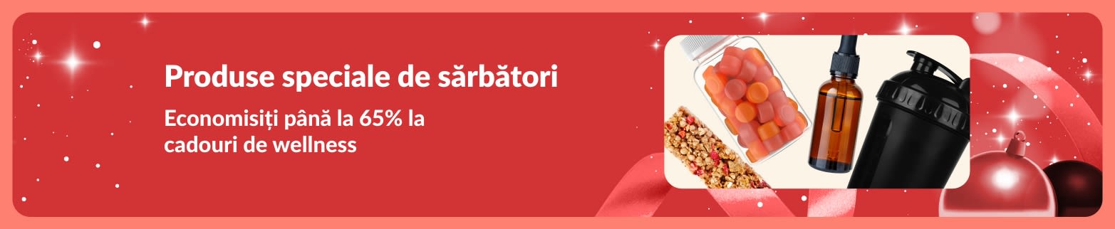 Banner iHerb cu oferte speciale de sărbători, cu cadouri de wellness cu până la 65% reducere.