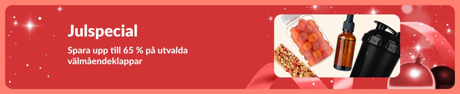iHerb Julspecial-banner som marknadsför upp till 65 % rabatt på utvalda välmåendeklappar.