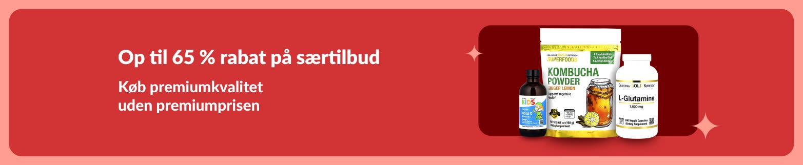 iHerb-særtilbudbanner, der tilbyder op til 65 % rabat på premium helseprodukter, herunder kombucha-pulver, L-glutamin og vitamin kosttilskud.