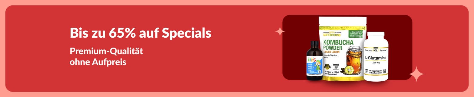 iHerb-Sonderangebote Banner Bis zu 65% Rabatt auf hochwertige Pflegeprodukte, darunter Kombucha-Pulver, L-Glutamin und Vitamine