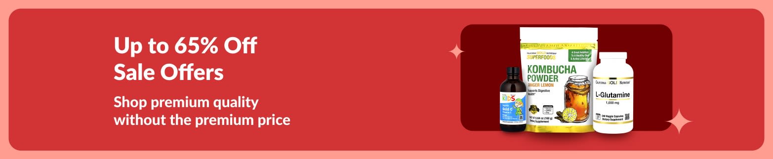 iHerb sale offers banner with up to 65% off premium wellness products, featuring kombucha powder, L-glutamine and vitamin supplements.