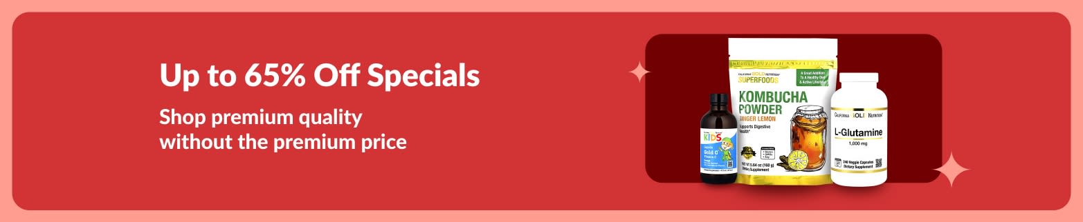 iHerb specials banner Offering up to 65% Off premium wellness products, featuring kombucha powder, L-glutamine, and vitamin supplements.