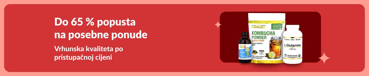 iHerb reklamni natpis koji promovira do 65 % popusta na wellness proizvode vrhunske kvalitete, s prikazom kombucha praha, L-glutamina i vitaminskih dodataka.
