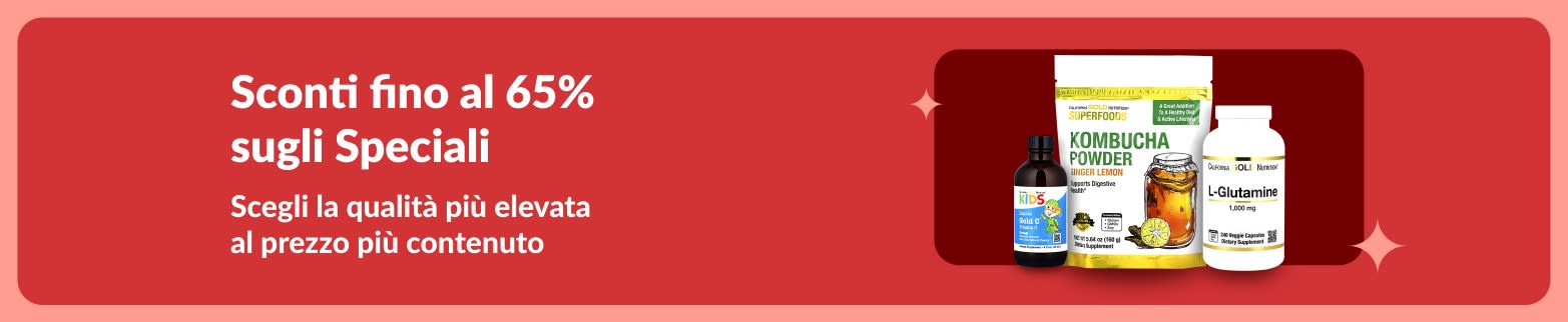 Banner sugli Speciali di iHerb che offre fino al 65% di sconto sui prodotti premium per il benessere. L'immagine mostra integratori di kombucha in polvere, L-glutammina e vitamine.