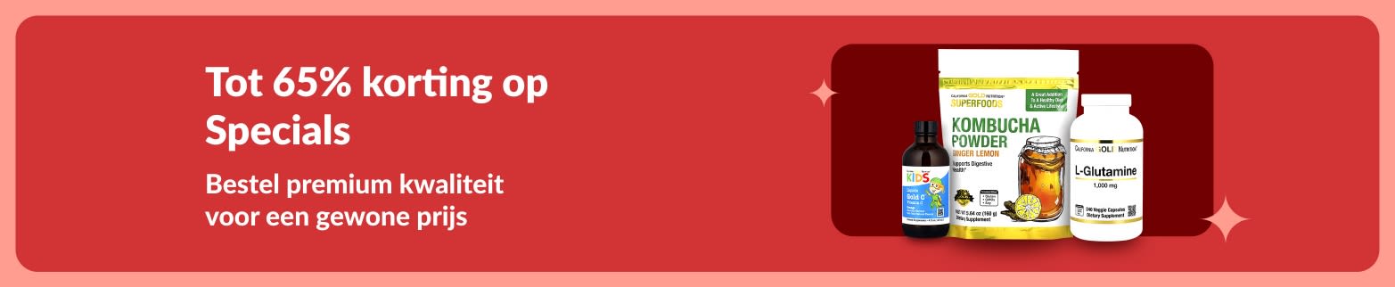 iHerb specials banner met tot 65% korting op premium welzijnsproducten. Met kombuchapoeder, L-glutamine en vitaminesupplementen.