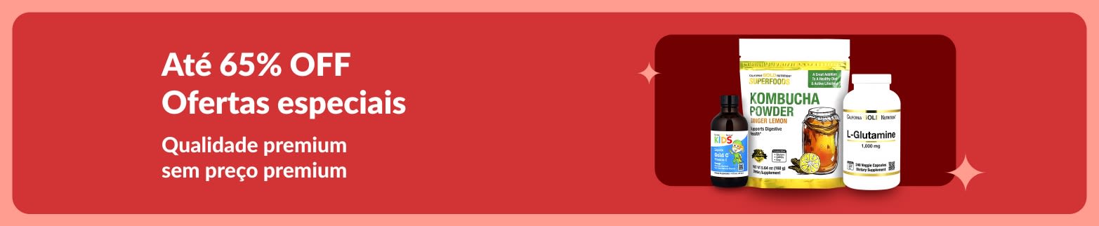 Banner de ofertas especiais da iHerb com até 65% OFF em produtos premium de bem-estar, com destaque para pó de kombucha, L-glutamina e suplementos vitamínicos.