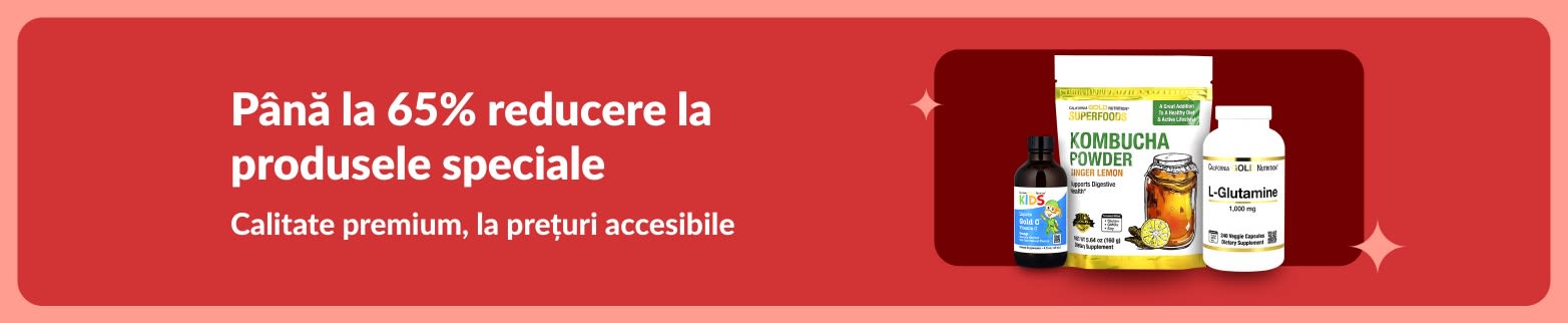 Banner iHerb cu până la 65% reducere la produse speciale de wellness, cu pudră de kombucha, L-glutamină și vitamine.