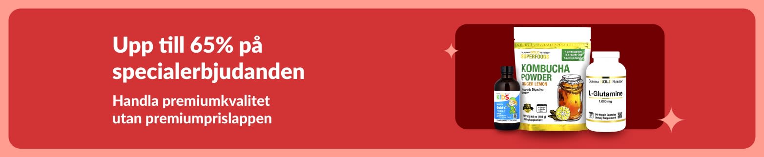 iHerb Specialerbjudanden med upp till 65% rabatt på premiumprodukter för välmående, inklusive kombuchapulver, L-glutamin och vitamintillskott.