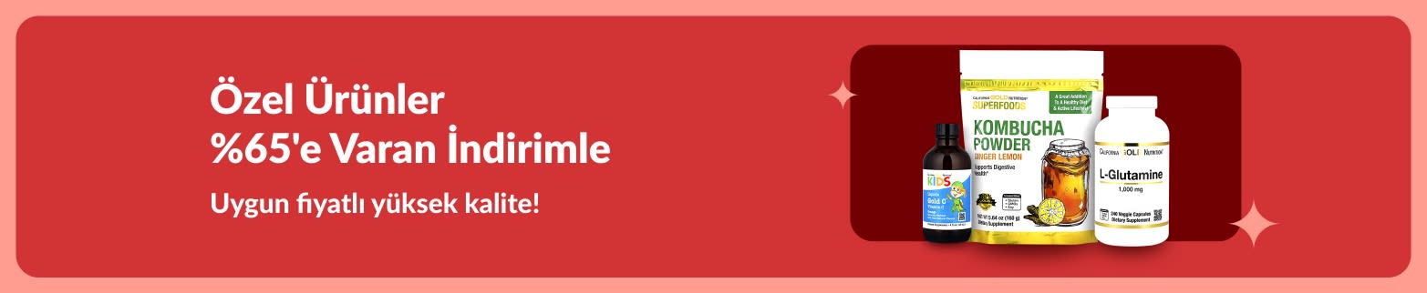 Premium iyi yaşam ürünlerinde %65’e varan indirim sunan iHerb fırsatlar banner’ı; görselde kombuça tozu, L-glutamin ve vitamin takviyeleri yer alıyor.