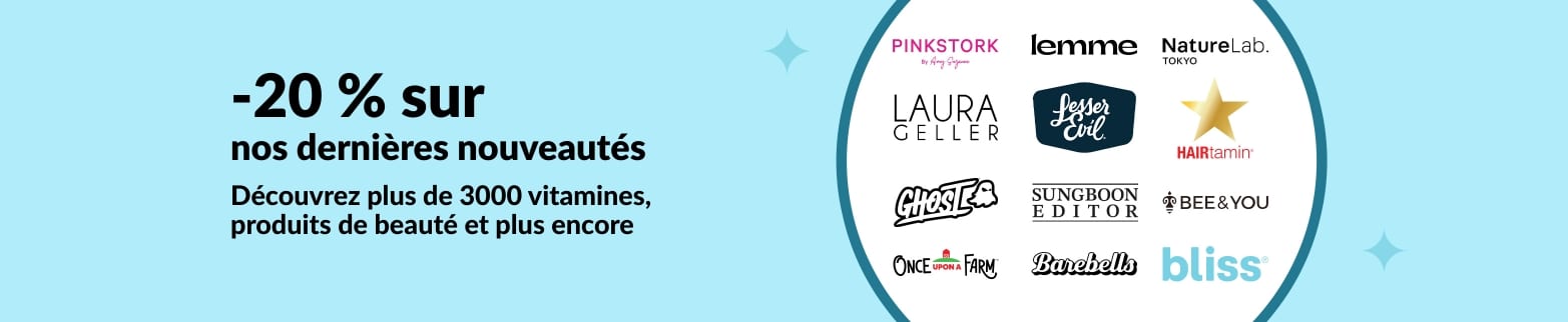 20 % de réduction sur les nouveaux arrivages chez iHerb : vitamines, marques de beauté et de bien-être comme Bliss, Hairtamin, Pink Stork et plus encore. 