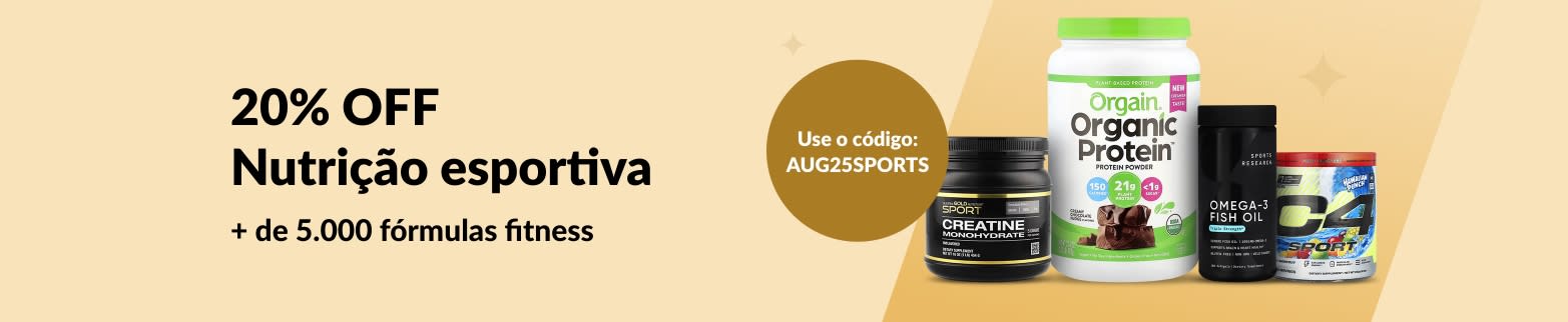 Compre nutrição esportiva como Orgain, Sports Research, Cellucor, California Gold Nutrition e mais — 20% de desconto com o código AUG25SPORTS.