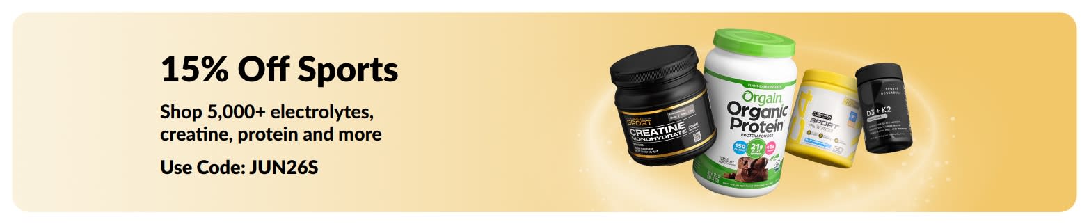 Promotional banner offering 15% off sports nutrition products, featuring protein, creatine and pre-workout supplements.